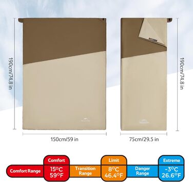 Спальний мішок Naturehike Ultraleicht – ультралегкий, 680/760 г, для 3 сезонів, 190x75/205x85 см, для походів, рюкзаків, кемпінгу, комфортна температура 15°C, колір: зелений XL (темно-коричневий/світло-коричневий)