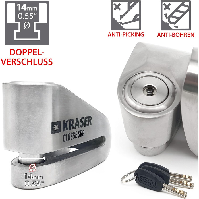 Замок на гальмівний диск KRASER KR114S для мотоцикла з сертифікатом SRA, протиугінний, подвійний замок 14 мм, 3 ключі, нагадувальний кабель, нержавіюча сталь