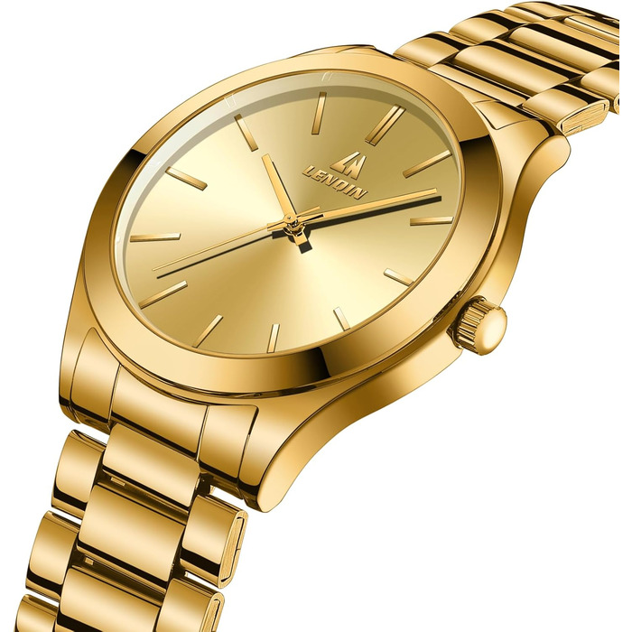 Годинник чоловічий LENQIN з нержавіючої сталі, аналоговий кварцовий годинник, водостійкий (30м), для бізнесу та повсякденного носіння, колір: золото
