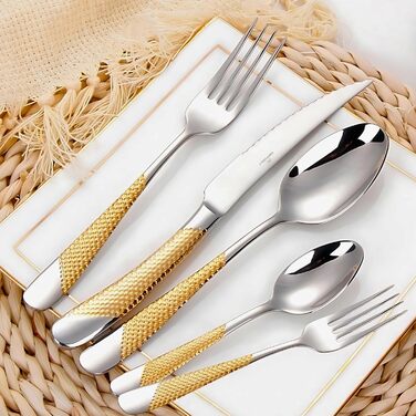 DAFFODILY Cutlery Set. Hammered 18/10 Stainless Steel Flatware. Mirror Finish, ultra-sharp steak knives, dishwasher safe. (Gold, 20)
