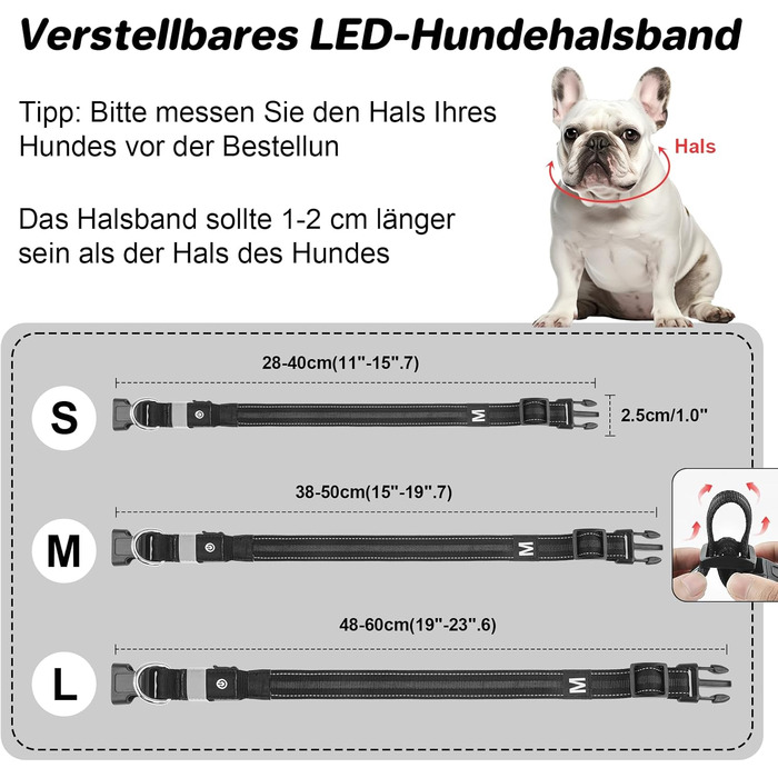 LED-нашийник для собак з підзарядкою USB, вологостійкий, регульований, 3 режими, для малих, середніх та великих собак (Чорний, L(48-60см))