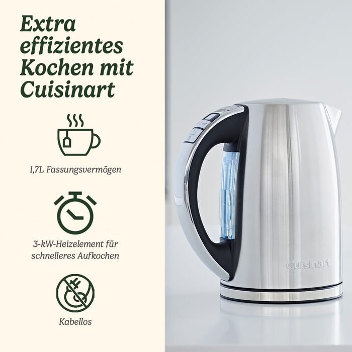 Електричний чайник Cuisinart Multi-Temp з регулюванням температури, 1.7л, нержавіюча сталь, бездротовий, з антикальк-фільтром, сріблястий