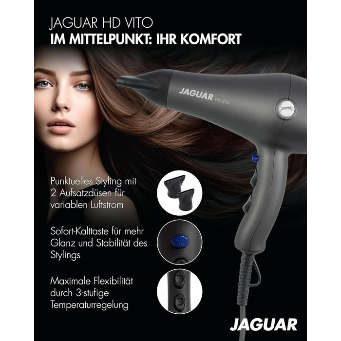 Фен JAGUAR Föhn HD VITO антрацит | Професійний фен з 3 режимами нагріву, 2 швидкостями та кнопкою холодного повітря для комфортного використання та індивідуального укладання волосся