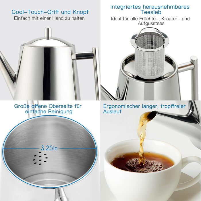 Easyworkz Teapot with Infuser, Stainless Steel, Tea Maker for All Fruits, Herbs, and Infusion Tea (800ml)