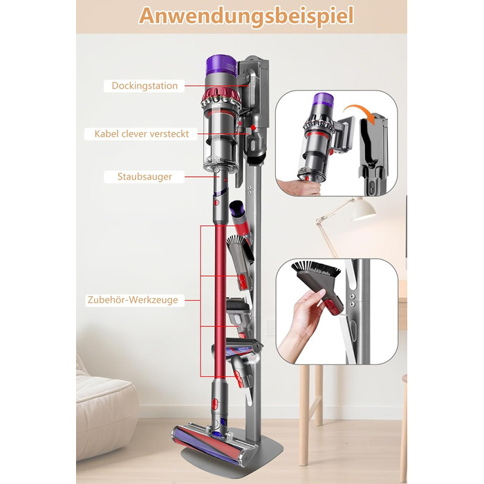 Стійка для пилососа Dyson V6-V16 (Gen5) – металева підставка з 4 гаками, настінне кріплення без свердління, срібляста