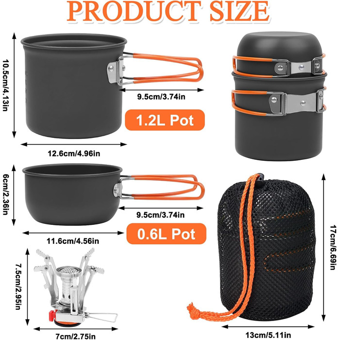 Набір посуду для кемпінгу Biliple 8-piece: каструля, сковорідка, газовa плитка, столові прибори для 1-2 осіб. Ідеально для пікніків, походів та кемпінгу.