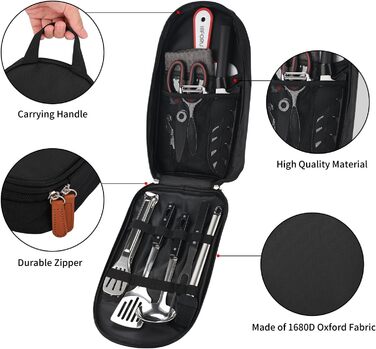 Набір кухонного приладдя для кемпінгу ISFORU 12шт: сковорода, ніж, лопатка, щипці, шумовка, дошки для нарізання. Чорний колір. Ідеально для пікніків, подорожей та походів