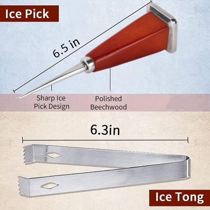 Stainless steel ice pick with ice tongs, pick tool for breaking ice, non-slip wooden handle for easy gripping, 16.5 cm length