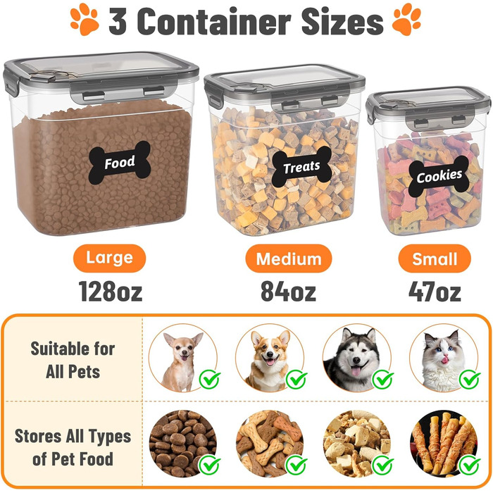 Набір контейнерів для корму для собак ZooZoo (3 шт.) з герметичними кришками, BPA-free, для сухого корму, великі, середні, малі, з лопатками, етикетками, пінцетом та маркером