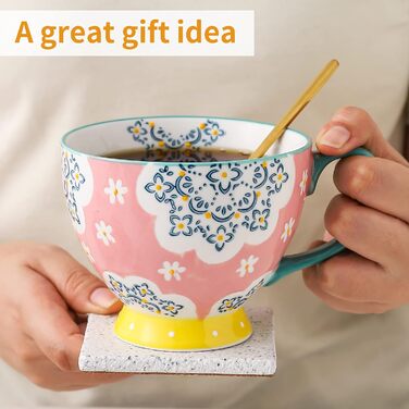 superyes Large Coffee Mug Set, 4 Pieces, Coffee Mug Set for Tea, Milk, Latte, Cappuccino, Cereal, Hot Chocolate, Soup, Gift for Friends, Family, 425 ml (Flower)
