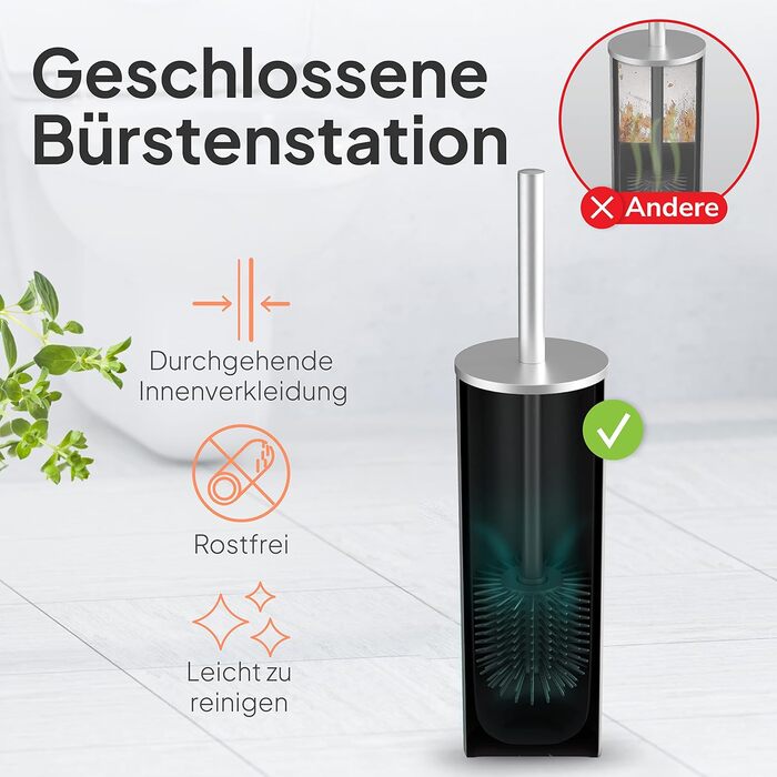 Тойлетний щітка TORBING Design з нержавіючої сталі з закритим тримачем - щітка для унітазу з силікону з ефектом лотоса - сучасний дизайн, елегантні кольори, подовжений ручка (Brushed Steel Silver)