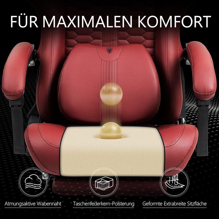 Ігровий крісло Dowinx Big and Tall з масажем попереку, підніжка, ергономічний комп'ютерний стілець, PU шкіра, 180 кг (Червоний)