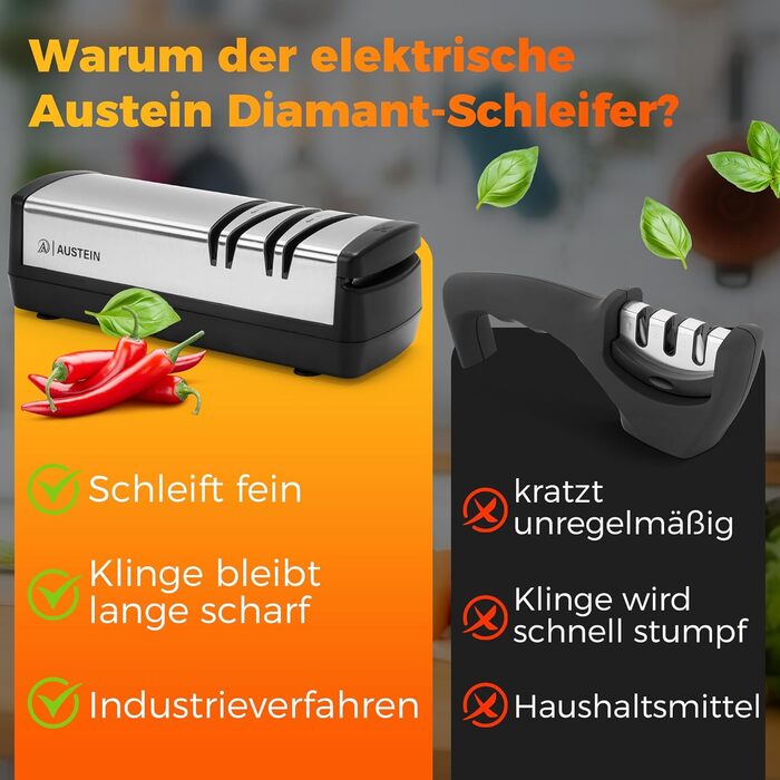 Точилка для ножів електрична AUSTEIN® Diamant X5 3-фазна, для ножів та ножиць, з магнітним контейнером для стружки