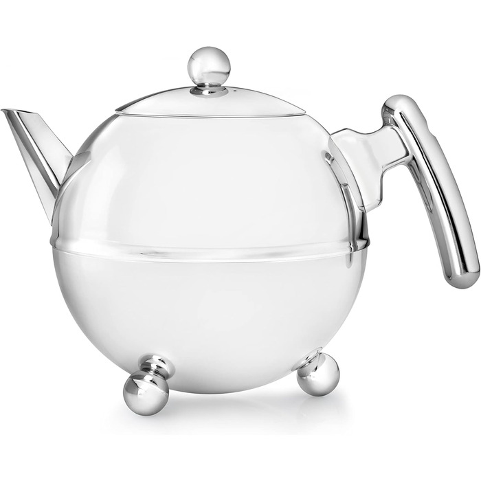 Bredemeijer round, pot-bellied, double-walled stainless steel teapot, 1.2 liters with chrome-colored handle