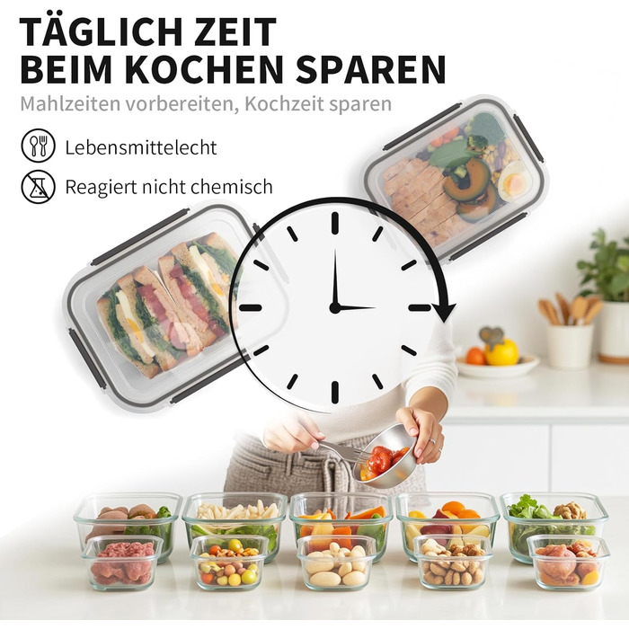 Набір контейнерів для зберігання їжі з кришкою, 20 шт. (10 контейнерів, 10 кришок), безпечні для миття в посудомийній машині, морозильної камери та мікрохвильової печі, витікання запобігаються, сучасний дизайн, чорний колір (FE1537)