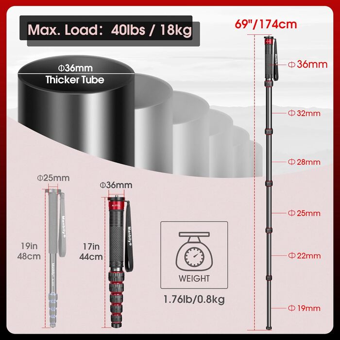 Монопод для камери Manbily 36mm, 6 секцій, 44-174см, з алюмінію, з ручкою-гніллом, до 18кг, з кріпленням для телефону, червоний