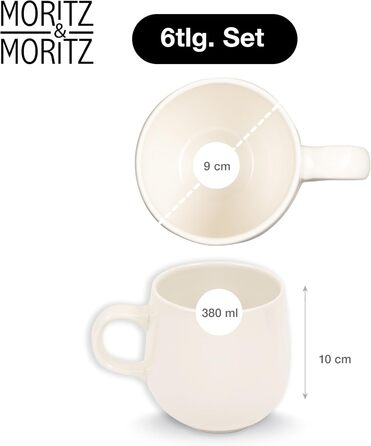 Набір кавових чашок Moritz & Moritz ALHAMBRA, 6 шт., кремовий колір, 380 мл, порцеляна. Стильний дизайн з ручкою, для кави, чаю, капучино