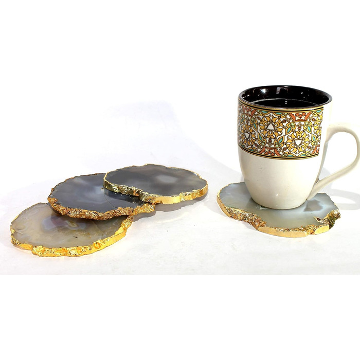 Natural agate coaster set, for bar, beer, coffee, tea, set of 4, perfect table accessory, tableware (natural gray)