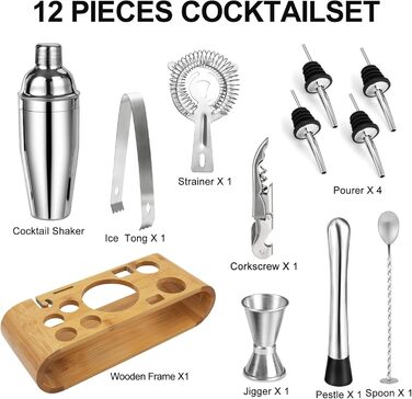 Набір для коктейлів, нержавіюча сталь, 750 мл, 12 предметів, професійний барний аксесуар для дому та бару