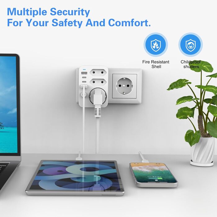 Мережевий адаптер з USB, 4 USB порти (2xA + C), 3.4A, LED, вимикач, компактний для дому та подорожей