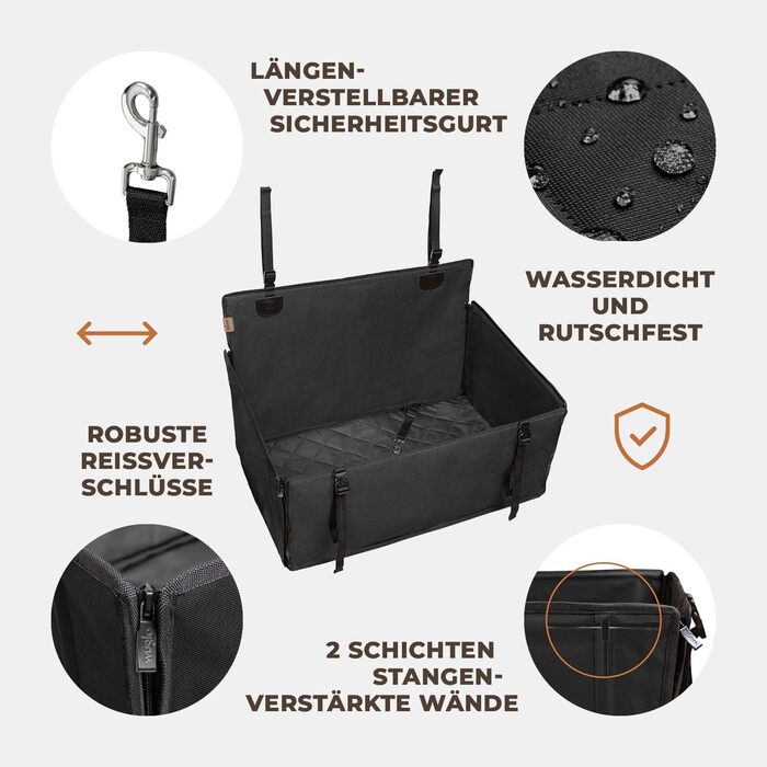 Wuglo Extra Stable Dog Car Seat - Reinforced Car Seat for Small & Medium Dogs with 4 Straps - Premium & Waterproof Dog Car Seat for Rear Seat - Black