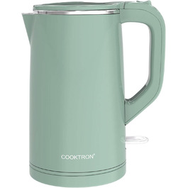 Cooktron тихий електрочайник 1,7 л, нержавіюча сталь, без BPA, 2000 Вт, швидке нагрівання, подвійні стінки, Cool Touch, зелений