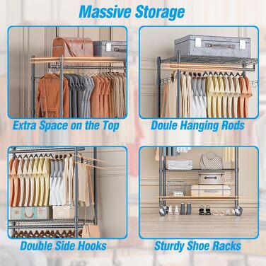 Double Clothes Rack/Garment Rod with Adjustable Shelves, Heavy-Duty Clothes Rack with 2 Hooks, Clothes Rack with Wheels, 90 * 42 * 205cm, White (Gray, 60*42*205cm)