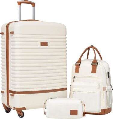 COOLIFE Luggage Suitcase Rolling Suitcase Travel Suitcase made of ABS Hard Shell, 4-Wheel Spinner with TSA Lock. The suitcase includes 1 Travel Backpack and 1 Toiletry Bag (White/Brown, Large 3-Piece Suitcase Set)
