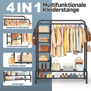 Вішалка для одягу в спальню та вітальню, подвійна, чорна - міцна конструкція 100 кг, з полицями для зберігання