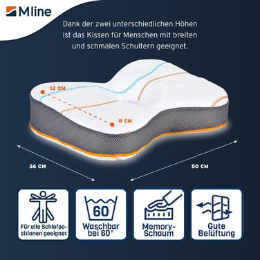 M LINE Athletic Pillow - Orthopedic Pillow - Side Sleeper Pillow - Ergonomic Head Pillow - Pillow for Neck Pain - Butterfly Pillow with Optimal Ventilation - 50 x 35 x 12 cm