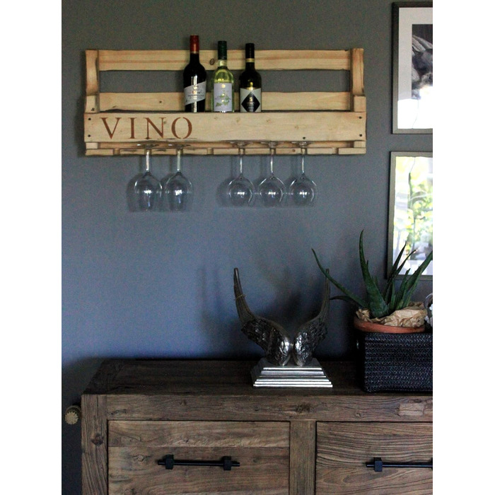Wooden Wall-Mounted Wine Rack - with Glass Holders and VINO Signage - Flamed - Fully Assembled - Shelf for Wine Bottles and Glasses (Rust-Look)