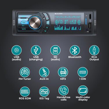 Автомагнітола Caliber 1DIN Bluetooth, FM-тюнер, 4x75Вт, USB/MicroSD, зарядка 2.1A, AUX, гучний зв'язок, зовнішній мікрофон, RCA вихід, регулятор підсвітки, 85мм, підтримка MP3/WMA/APE/FLAC