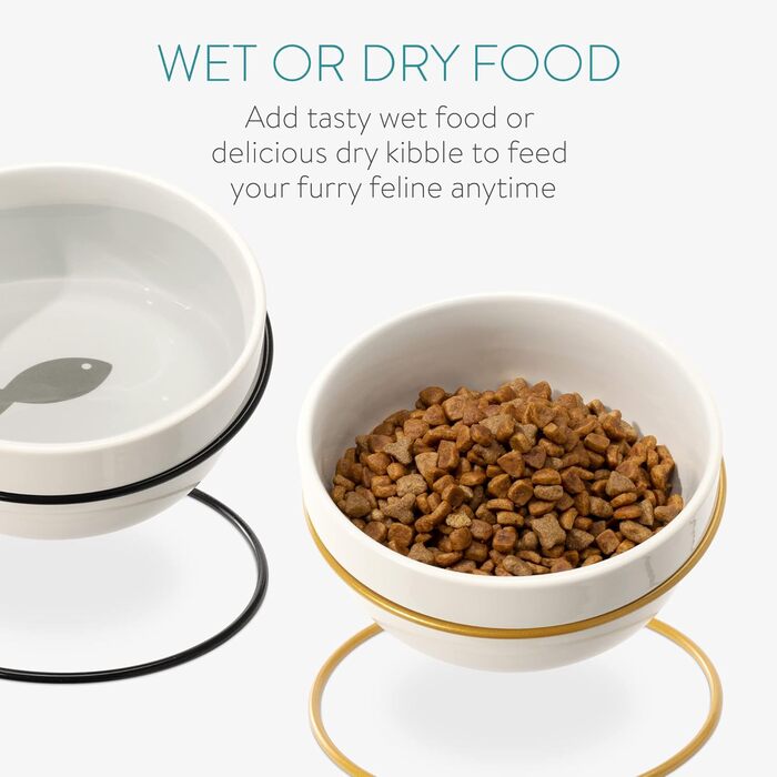 Набір мисок для котів та собак Navaris з металевим підставкою (2 шт.) - керамічні, похилі, для годування, сріблясті/чорні