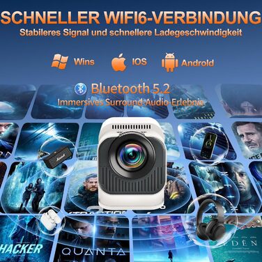 4K проєктор Beamer Full HD 1080P Android: портативний міні-проєктор з WiFi 6, Bluetooth 5.2, 270° обертанням, підтримкою PC/HDMI/USB, з пультом та мишкою, білий
