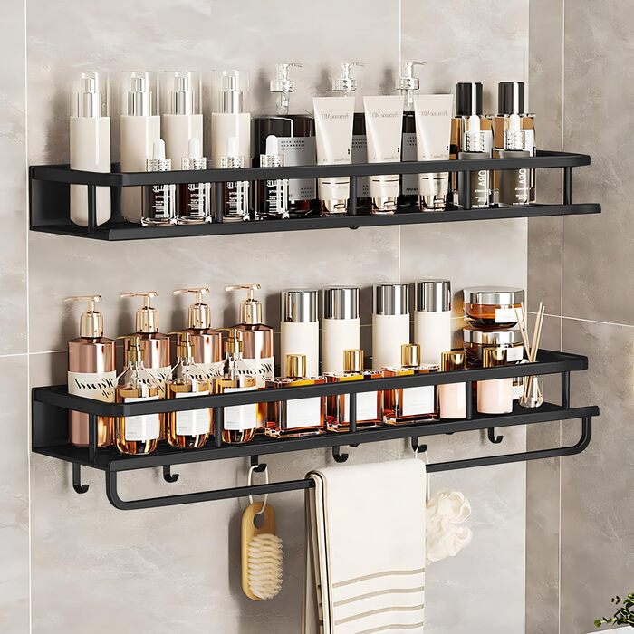 Поличка для душу Devesanter без свердління, 2 шт., 60 см, органайзер для шампуню та мила з тримачем для рушників та 6 гачками, для ванної кімнати, спальні, кухні, чорний