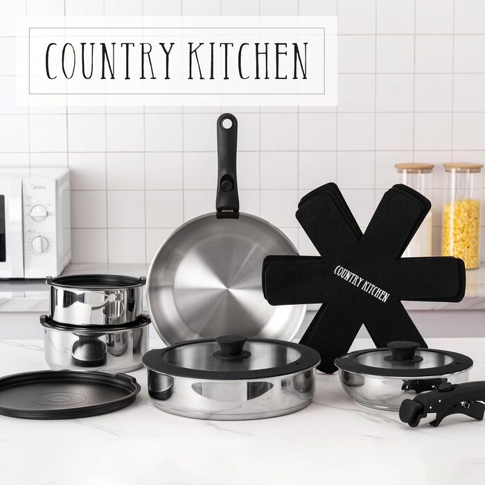 Набір посуду Country Kitchen 16 предметів з керамічним антипригарним покриттям, дерев'яні ручки, для дому та кемпінгу, придатний для духовки - кремовий