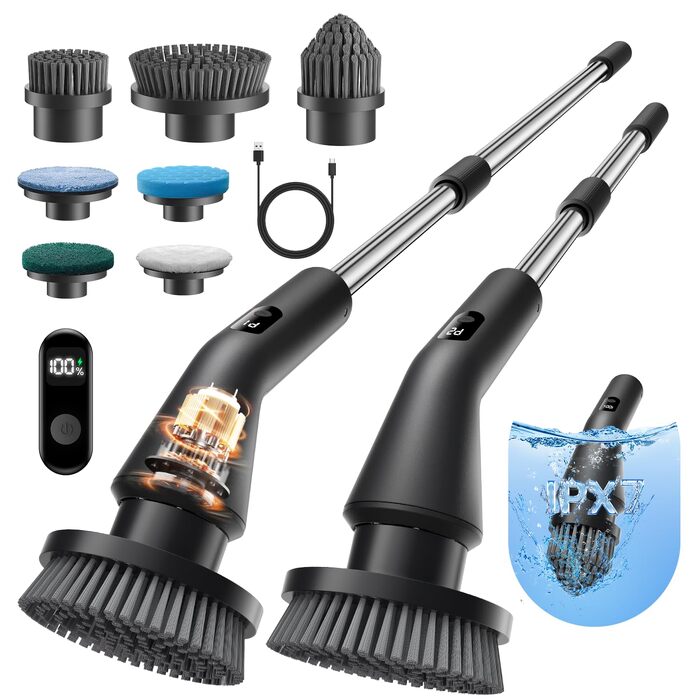 Електрична щітка для чищення Leebein Spin Scrubber: водонепроникна (IPX7), з телескопічною ручкою, 7 насадками та 2 швидкостями для ванної, підлоги та кухні, чорна