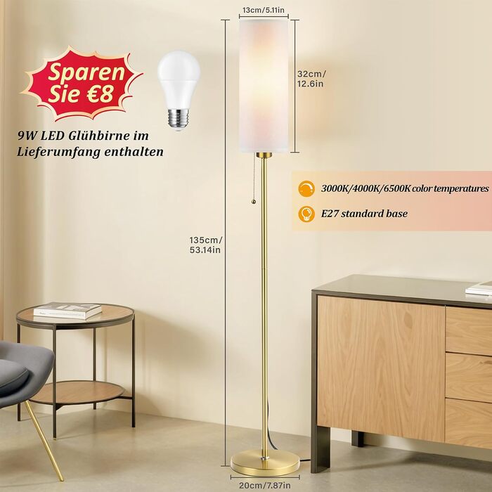 Стійка лампа Seruno X для вітальні, сіра, з 3 колірними температурами, 9W LED, сучасний дизайн з золотим масивним стійкою, вимикач на шнурі, торшер для вітальні, спальні, офісу