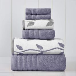Amrapur Overseas Modern Threads Hand Towel Set, 6-Piece, Dyed, Bio-Leaf Pattern, Jacquard/Solid, Ultra-Soft, 500 g/m², 100% Combed Cotton, Grey/Lavender
