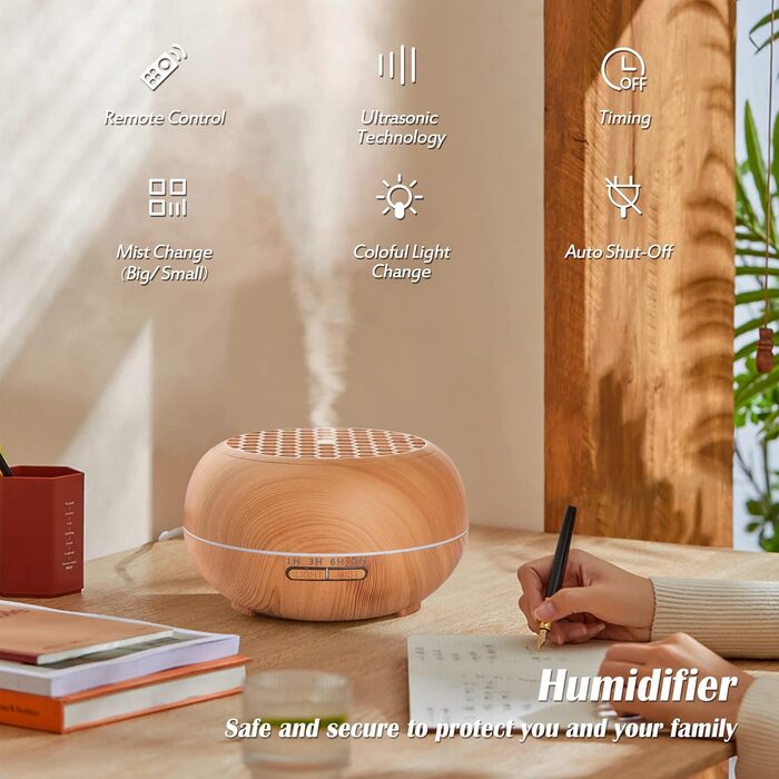 Дифузор Aroma Simpeak 550мл, ультразвуковий аромадифузор з дерева для ефірних олій, зволожувач повітря з пультом дистанційного керування, світло-коричневий