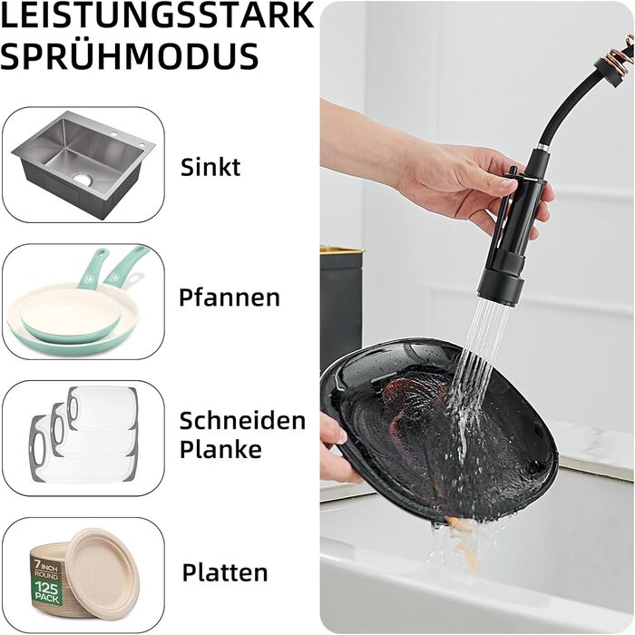 Змішувач кухонний AIMADI LED з витяжкою, поворотний 360°, чорний/рожеве золото