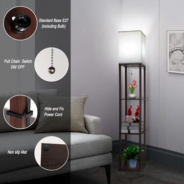 Світлодіодна торшер з дерева, 1.6м, з цоколюванням E27 (3000K-5000K), ретро торшер з 3 полицями, 3 колірні температури, настільна лампа з абажуром для спальні, кута, вітальні, офісу (коричневий)