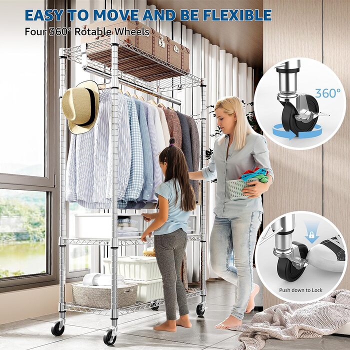 Міцний мобільний вішак для одягу з 3 рівнями, регульовані полиці, 2 штанги та гачки - 40x75x189.3 см (хром)