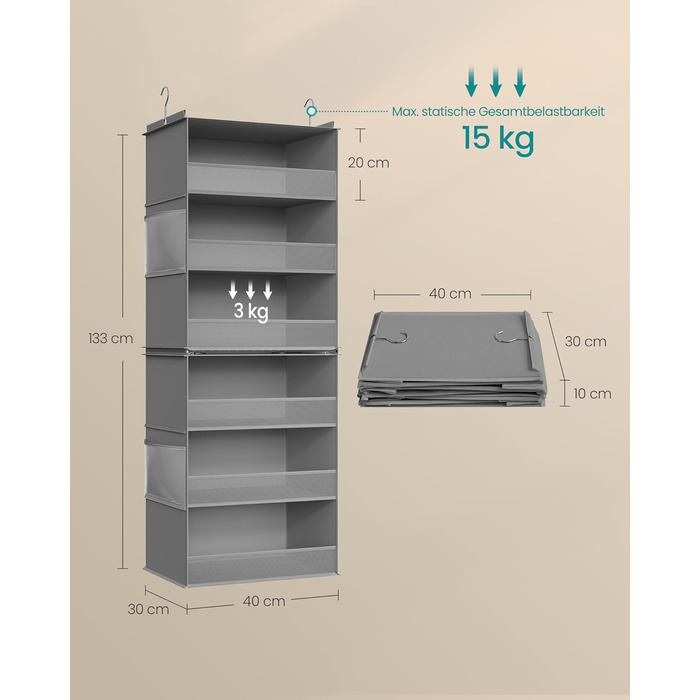 Органайзер для шафи SONGMICS: роздільник, полиця-вішалка, розкладний, економія місця, металеві гачки, бамбукові вставки, білий, сірий