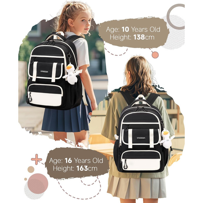 Шкільний рюкзак для дівчаток 2 в 1: рюкзак та сумочка, 3-7 клас, 45 см, чорний