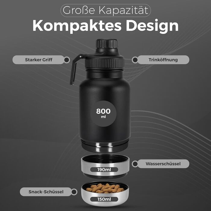 Водяна пляшка для собак LuckyFlex® 3-в-1 – 800 мл, з мискою та відсіком для корму, з нержавіючої сталі, для подорожей