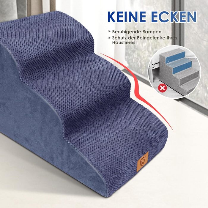 Dog stairs for small dogs, 4 steps pet stairs made of foam with a waterproof cover, detachable dog ramp cat stairs for sofa bed, send 1 fuzz roller (3 steps blue dog stairs)