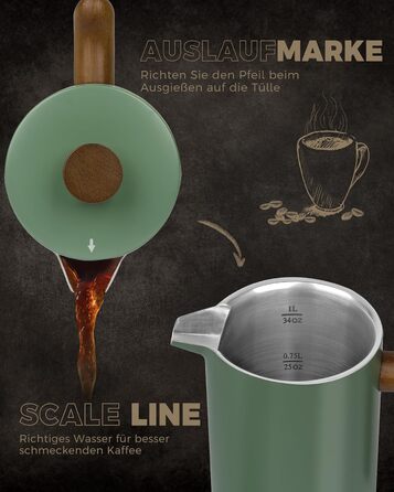 Poliviar French Press Coffee Maker 1 Liter/8 Cups, Double-Walled Insulated Coffee Carafe and Teapot, Manual Filter Coffee Press with Plunger & Wooden Handle, Flatland (Green) JX2020-FPN-DE 1000ml Wild Green