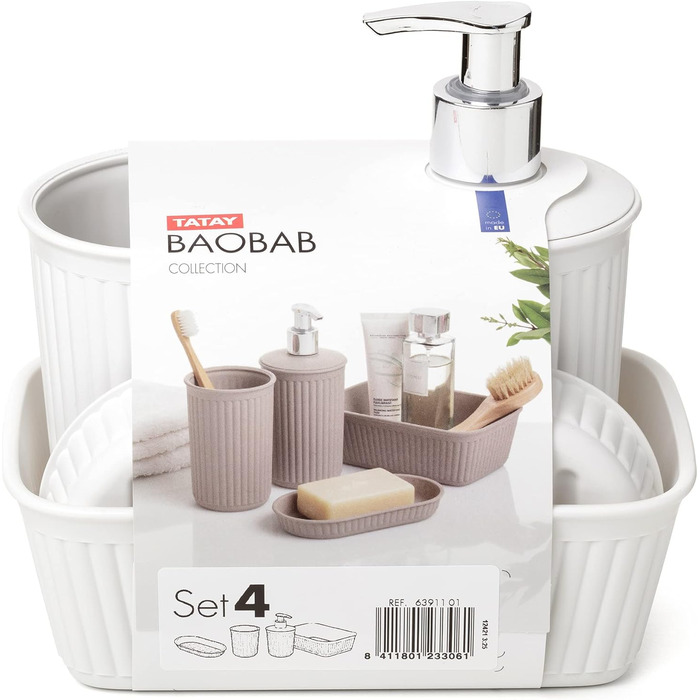 Набір для ванної кімнати Tatay (4 шт): чашка, дозатор, мильниця, органайзер A6. Колекція Baobab, поліпропілен, 100% перероблений пластик, BPA-free, білий пергаментний колір