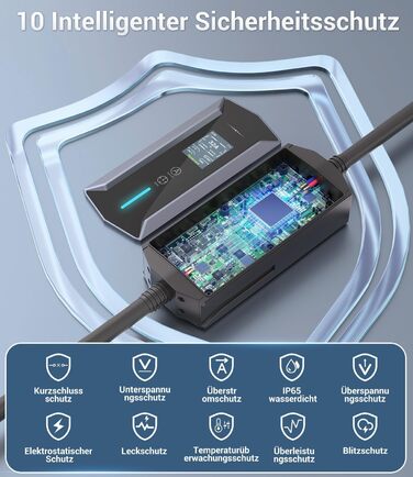 Портативний зарядний пристрій для електромобілів 22 кВт (7м) з LCD-дисплеєм, IP65, Schuko, 16A, для електромобілів та PHEV
